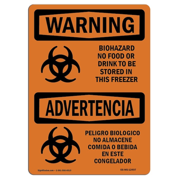 Safety Sign, OSHA WARNING, 18" Height, 24" Width, Biohazard No Food Or Drink Bilingual, Landscape